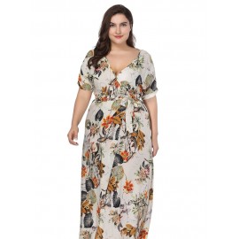 Print V Neck Ankle-Length Short Sleeve Women's Maxi Dress 