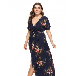 Print V Neck Ankle-Length Short Sleeve Women's Maxi Dress