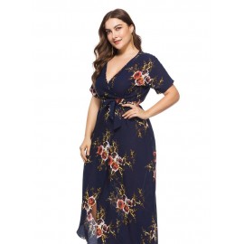 Print V Neck Ankle-Length Short Sleeve Women's Maxi Dress