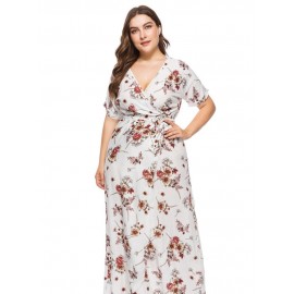 Print V Neck Ankle-Length Short Sleeve Women's Maxi Dress