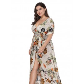 Print V Neck Ankle-Length Short Sleeve Women's Maxi Dress