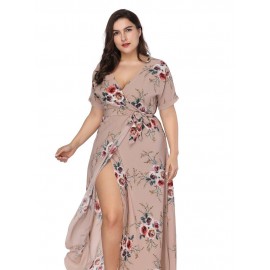 Print V Neck Ankle-Length Short Sleeve Women's Maxi Dress