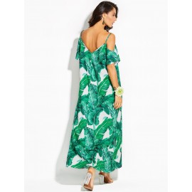 Spaghetti Strap Plant Print Backless Women's Maxi Dress