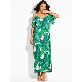 Spaghetti Strap Plant Print Backless Women's Maxi Dress