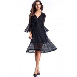 Lace V Neck Pagoda Sleeve Women's Dress