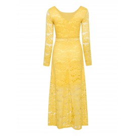 Yellow Round Neck Long Sleeve Lace Dress 