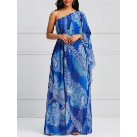 Asymmetric Shoulder Printing Maxi Dress