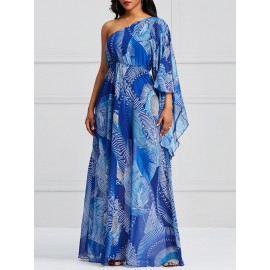 Asymmetric Shoulder Printing Maxi Dress