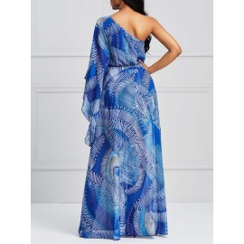 Asymmetric Shoulder Printing Maxi Dress