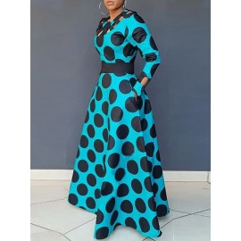 Wave Point Long Sleeve Contrast Color Maxi Dress