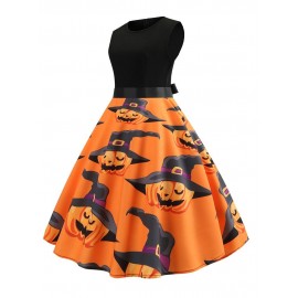 Halloween Stitching Zipper Floral Sleeveless Knee-Length Dress