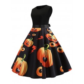 Halloween Round Neck Zipper Floral Knee-Length Dress 