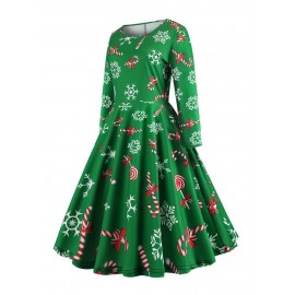 Long Sleeve Polyester Print Women's Skater Dress