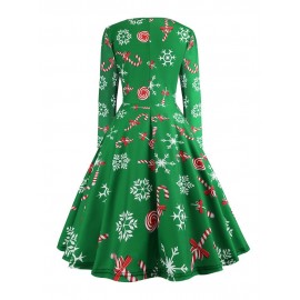 Long Sleeve Polyester Print Women's Skater Dress