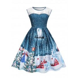 Sleeveless Lace Polyester Print Women's Skater Dress