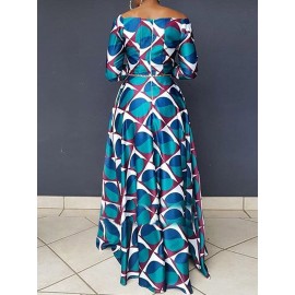 Elegant Print High-Waist Slash Neck Zipper Maxi Dress