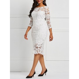 Hollow Patchwork Three-Quarter Sleeve Lace Dress 