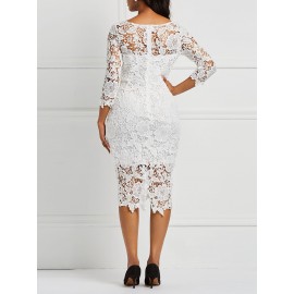 Hollow Patchwork Three-Quarter Sleeve Lace Dress