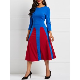 Elegant Color Block Round Neck Skater Dress