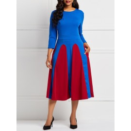 Elegant Color Block Round Neck Skater Dress