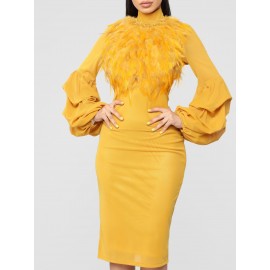 Fur Collar Lantern Sleeve Bodycon Dress 