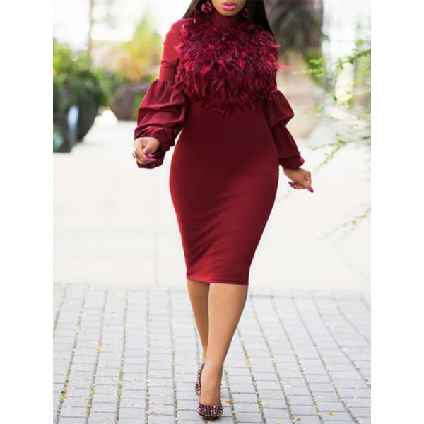 Fur Collar Lattern Sleeve Bodycon Dress