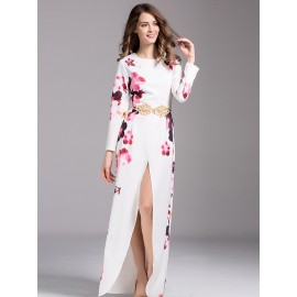 Round Neck High Slit Flower Print Dress