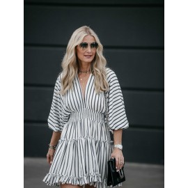 V-Neck Stripe Women's Long Sleeve Dress 