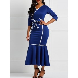 Long Sleeves Mermaid Falbala V-Neck Color Block Dresses 