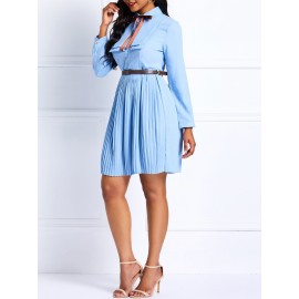 Bowknot Belt Lapel Pleated Skater Dress