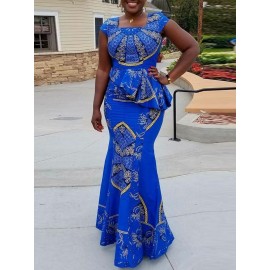 Print Floor-Length Square Neck Mermaid Dress