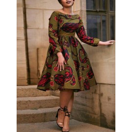 Three-Quarter Sleeve Lantern Sleeve Slash Neck Skater Dress