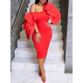 Oblique Collar Ruffle Sleeve Bodycon Dress