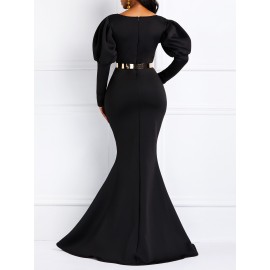 Graceful Puff Sleeve High Waist Floor Length Maxi Dress