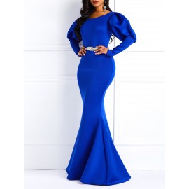 Women's Round Collar Pure Color High Waist Maxi Dress 