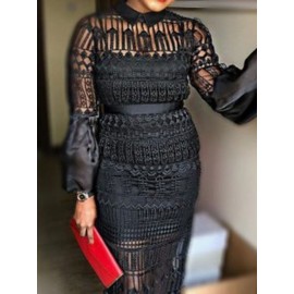 Black Round Neck Long Sleeve Lace Women's Dress 