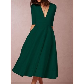 Half Sleeve V-Neck Mid-Calf High-Waist Plain Dresses