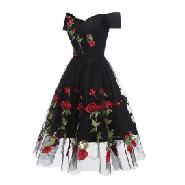 Embroidered Rose Mesh A Line Dress 