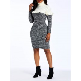 Women's High Collar Contrast Color Knee Length Bodycon Dress 