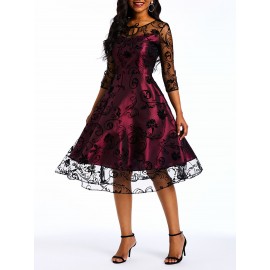 Women's Three-Quarter Round Collar Patchwork Skater Dress