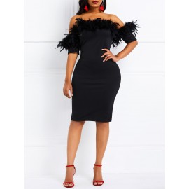 Knee-Length Short Sleeve Feather Zipper High-Waist Dresses