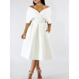 V-Neck White Elegant Chic Skater Dress 